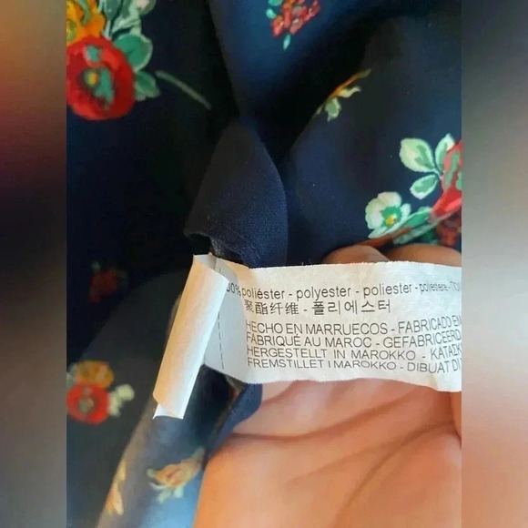 ZARA Floral Navy Blouse Cowl V Neck Long Sleeve Top Sheer Lightweight Women’s M - Picture 3 of 6